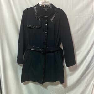 INC 2x black 3/4 length trench coat cotton spandex blend belted unlined euc